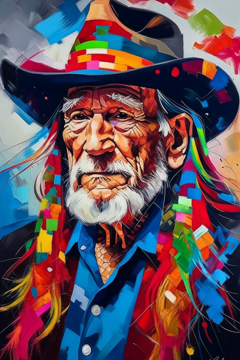 captivating conceptual painting of the iconic rock star, Willie Nelson, rendered in a vibrant and abstract art style. The background is a swirling, chaotic mix of artistic strokes that evoke a sense of rebellion and energy. The overall composition is a celebration of creativity, movement, and the essence of rock 'n' roll., vibrant, painting, conceptual art