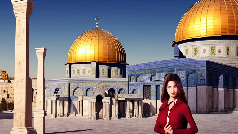 A woman wearing a keffiyeh holds the Dome of the Rock