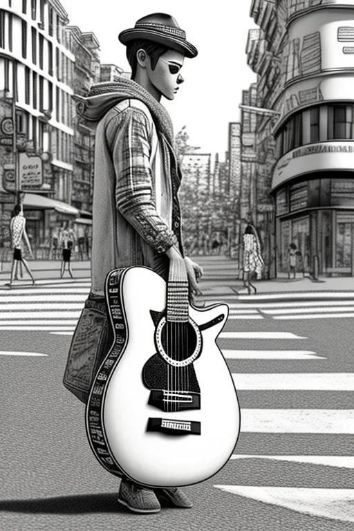 One single mature light cat, friendly, playing guitar in the street, sunny day, model style, hyper realistic, extremely accurate, delicate, extremely detailed, Graphic novel style, wide-angle, open aperture, superfine pencil