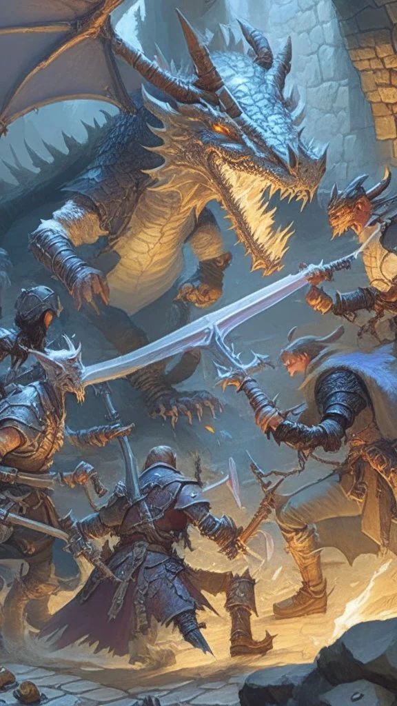 detailed rpg group fighting a dragon