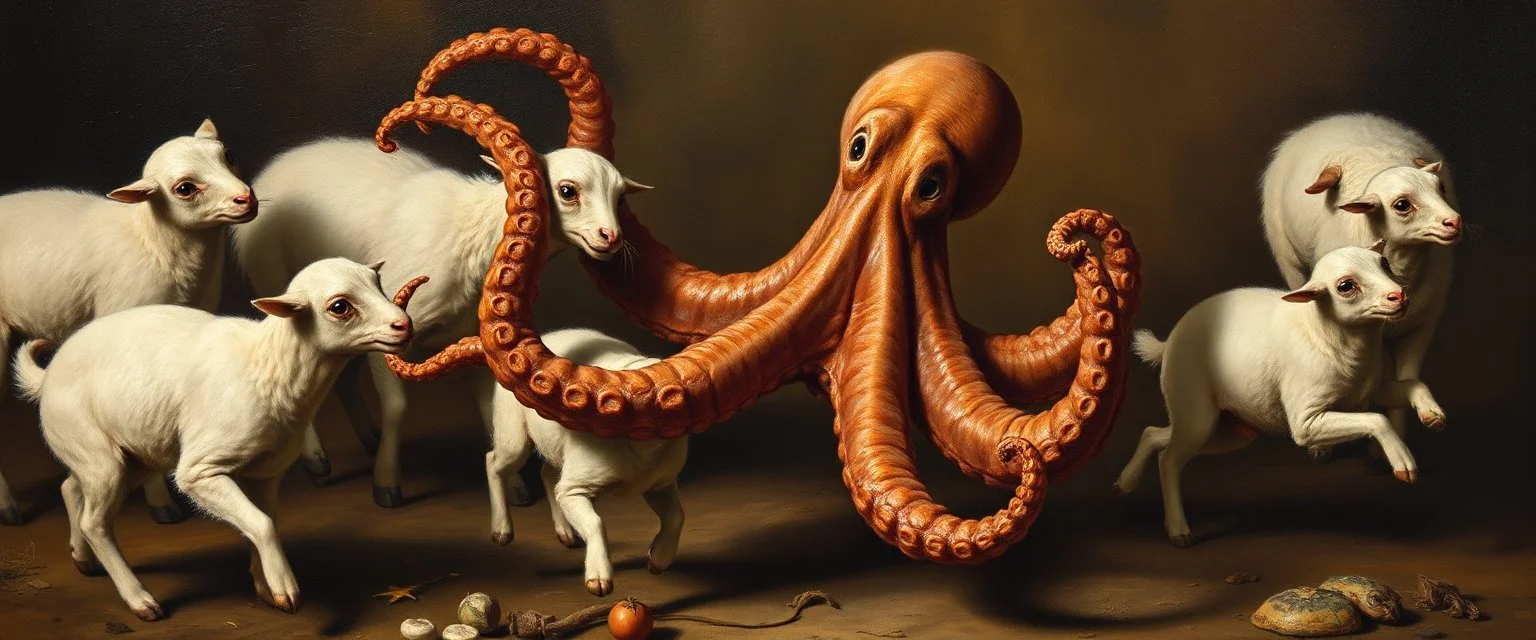 master oil painting by Rembrandt, cat octopus holding 8 sheep while 9 run away