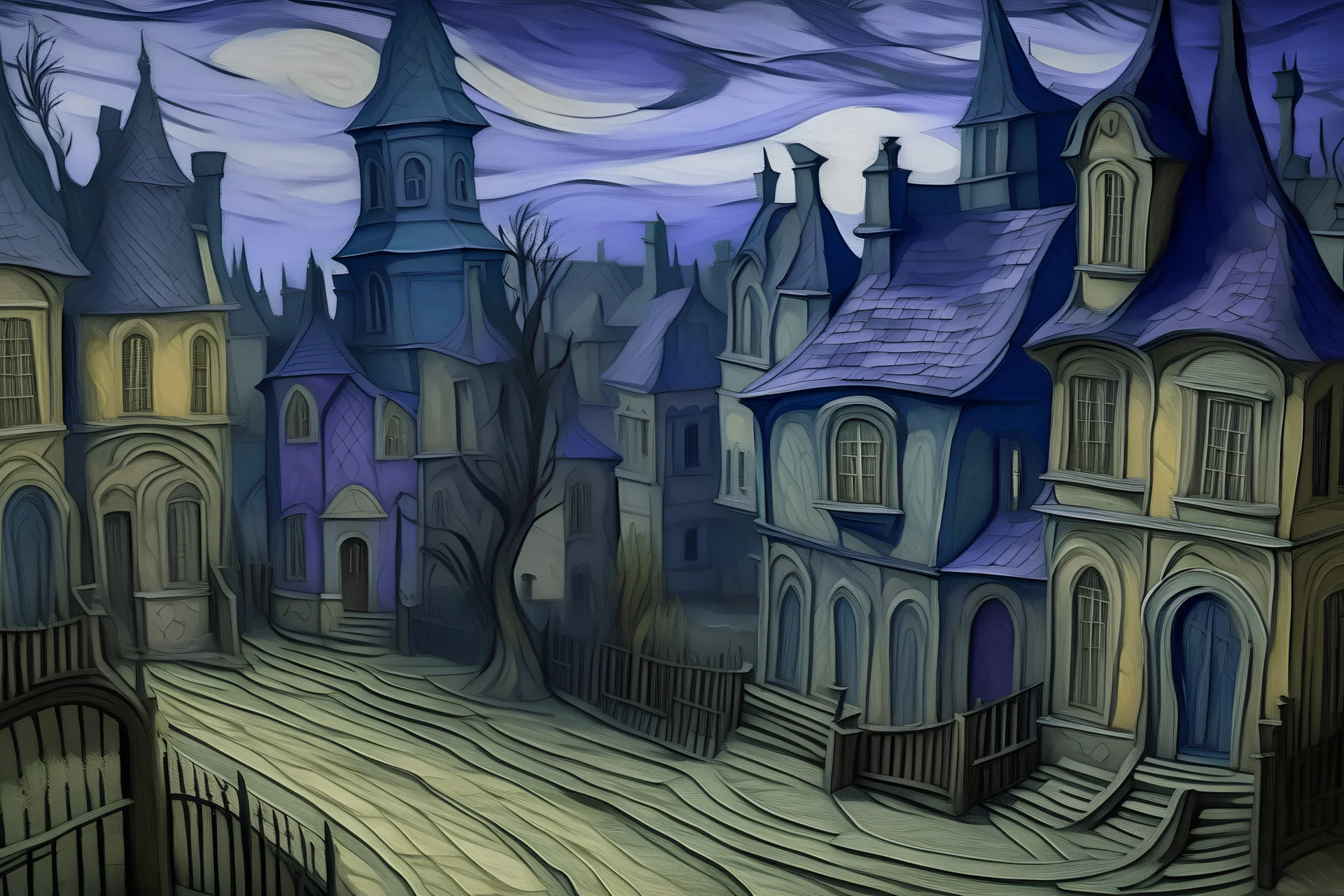 A grayish purple haunted town with a chateau painted by Vincent van Gogh