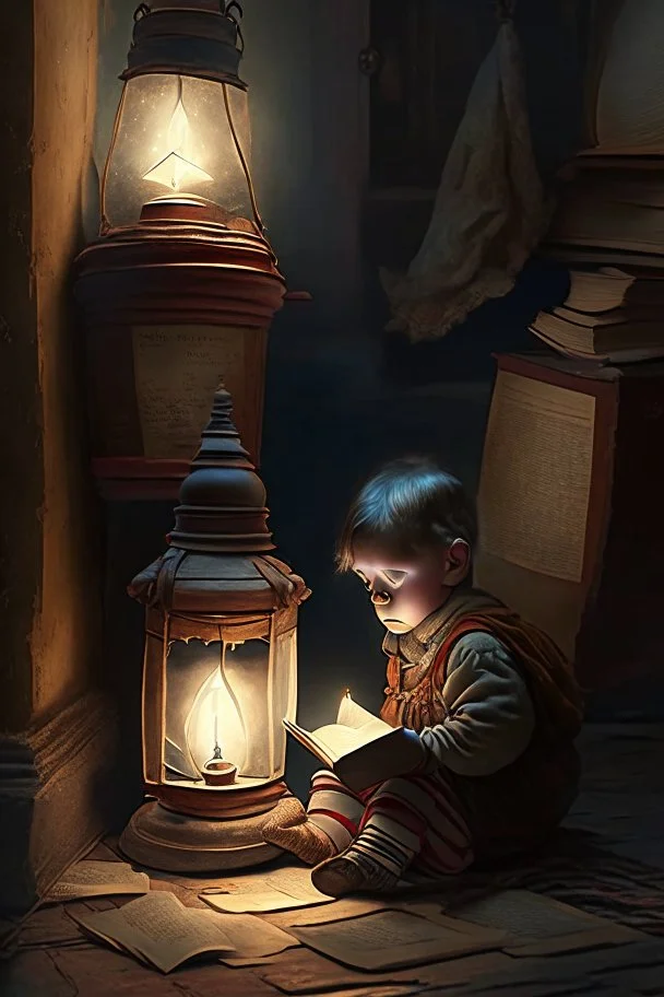 A child sitting on the floor, next to a lantern, studying old books