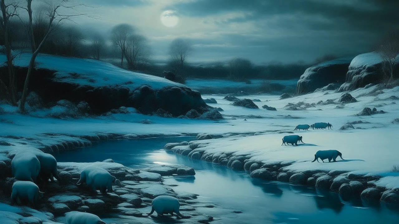 A cyan snowfield with tar pits painted by Francis Danby