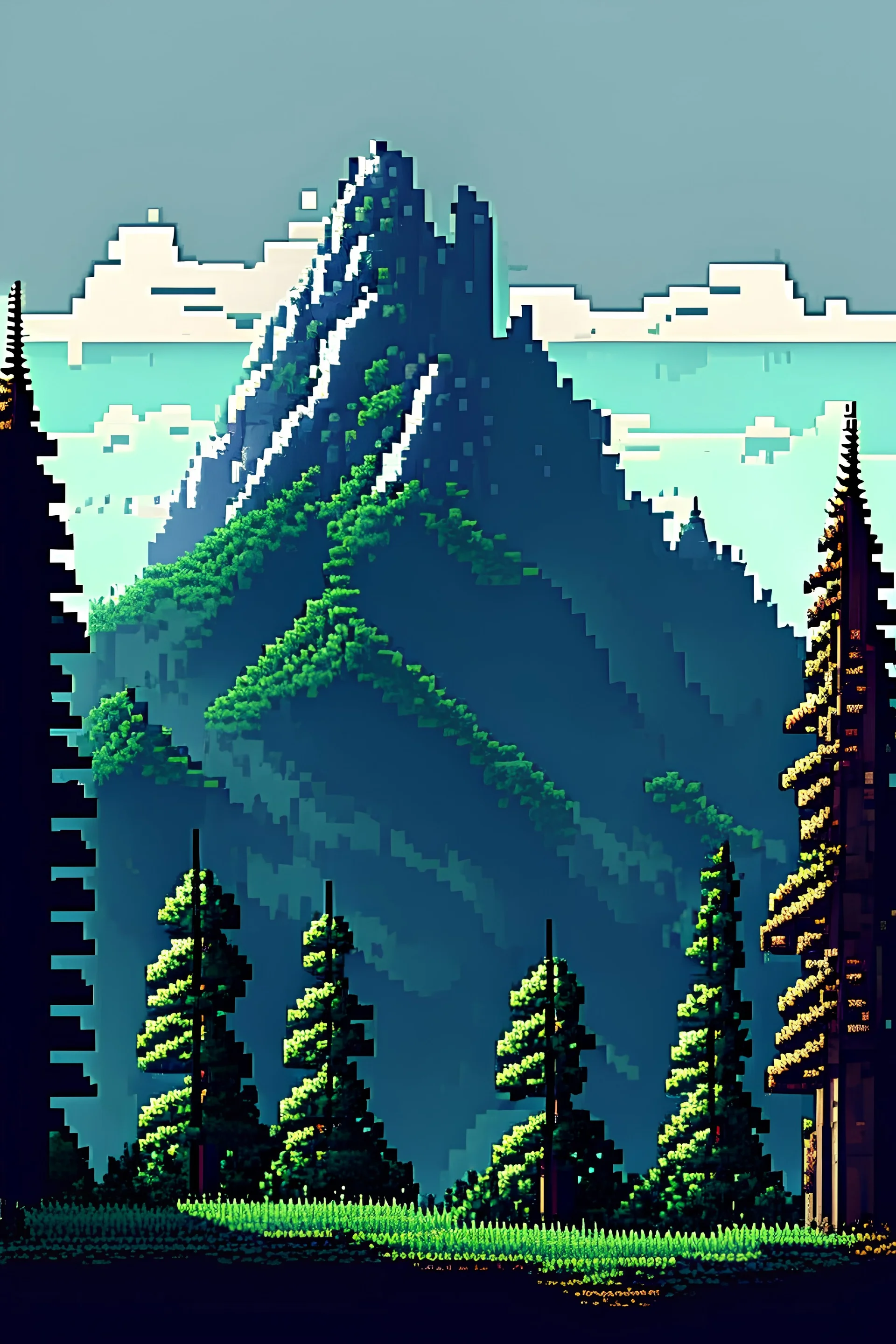 pixel forest with mountains in background