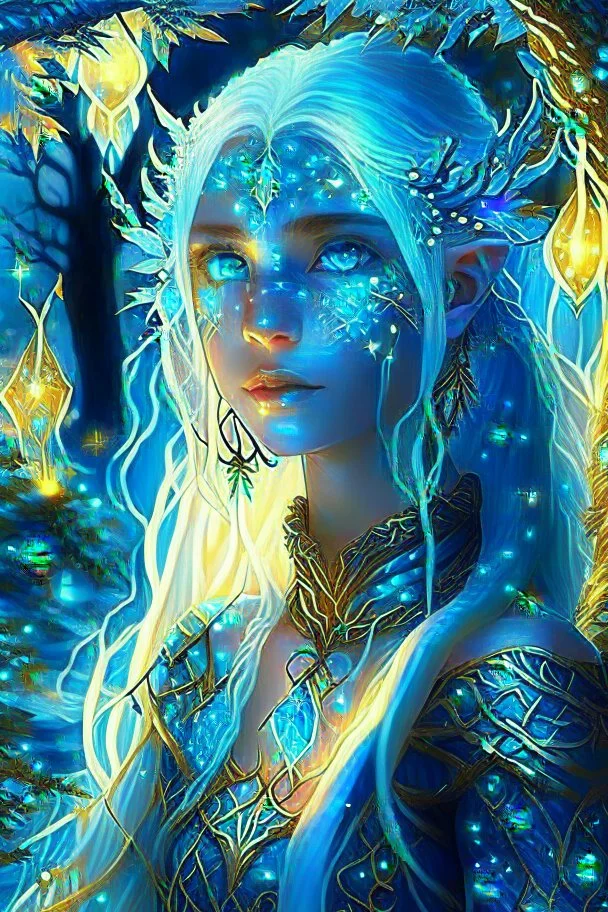 Bioluminescent blue avatars identify dots and patterns on their skin. Pointed elf ears, white hair, glowing blue eyes, slightly shiny blue skin.A beautiful girl with glowing golden eyes. With white decorated hair. And the whole body. And decorated dragon stones. And decorative glass trees