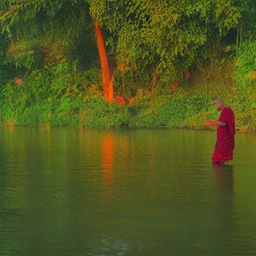 indian monk lotus jungle lake at sunset