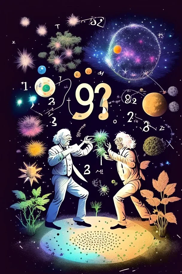 Albert Einstein and Richard Feynman playing with numbers & atoms in outerspace with plants, cosmic gas, stars, moons, and comets dancing around them