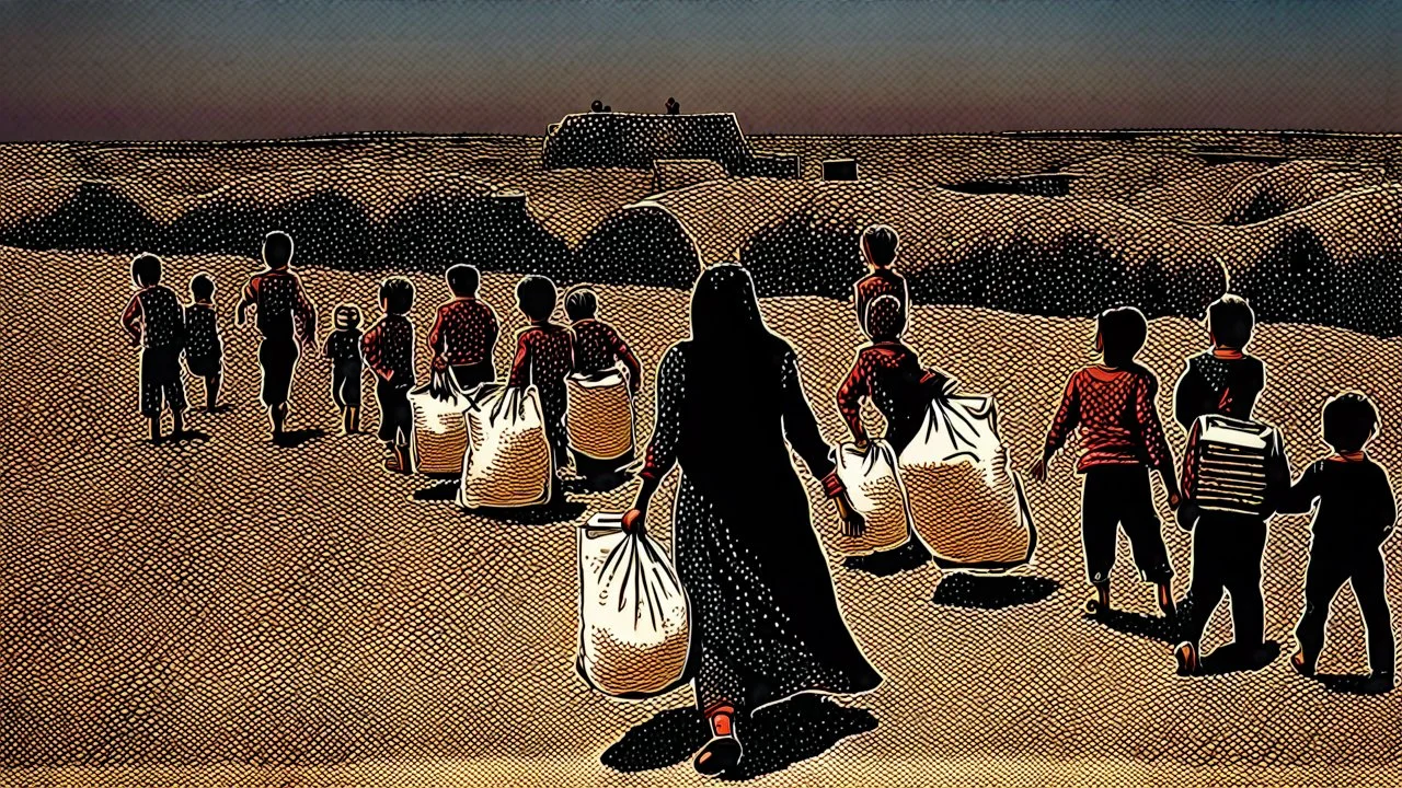 A Palestinian woman wearing a dress carrying very large bags of flour on her back, bending her back down in the destroyed Gaza City, and aid boxes descending from planes near the sea, with a large number of children looking up.