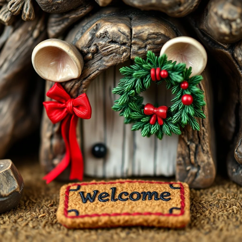 Close up of a mouse hole with a "WELCOME" mat in front of it, miniature beautiful Christmas wreath with a red bow hung beside a mouse hole, kitschy, concept art