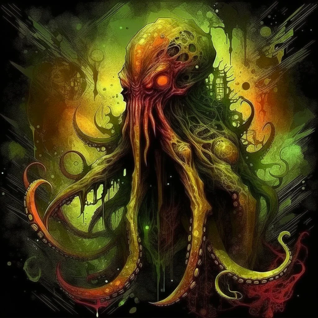 Exponential decay Cthulhu shift, abstract surreal horror, by Victor Valla, acid wash mind-bending illustration; asymmetric, warm colors, dark shines, atmosphere guided by N(t)=N0​⋅e−kt