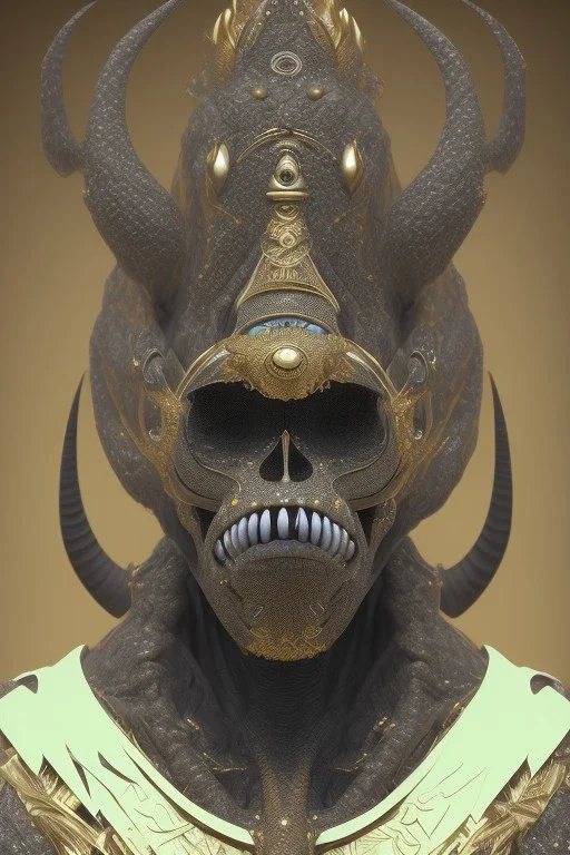 black male African Egyptian alien, cracks in the voodoo head, wicked, eyes, crown, Elephant, 8k, finely detailed, photo realistic, tiger turquoise skull head gold dragon space alien snow skeleton gold gorilla silver crown silver eyes