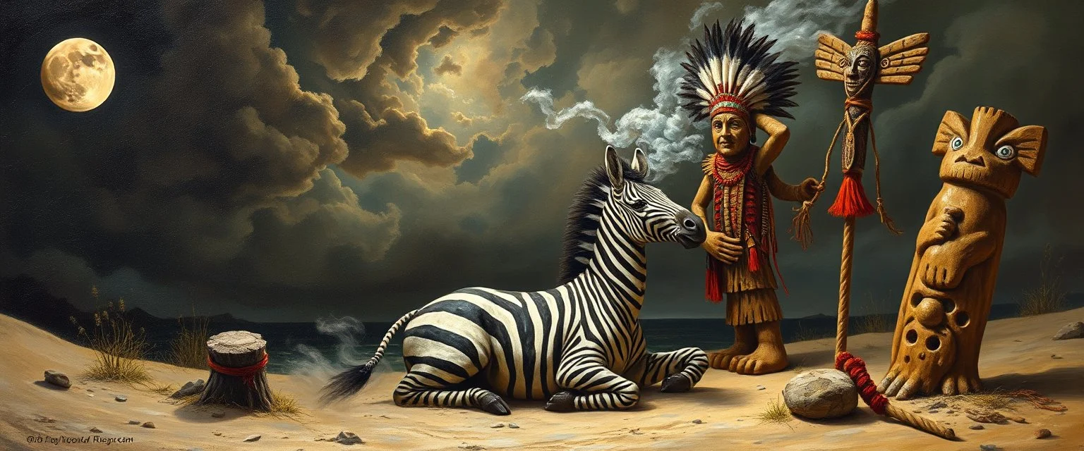 master oil painting by Rembrandt, good afternoon clay moon chill hyper bigger than life zebra dream smoking trickster golem peeking out of a sand twister whirlwind cocoon, all inside a bottle, and a big indian with mohawk and a totem