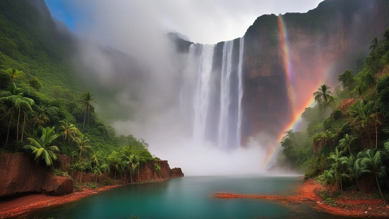 Angel Falls in Venezuela, brilliant waterwall in the jungle casting a heavy mist at the bottom, brilliant rainbow, kaleidoscope of colours, award winning nature photography for a travel magazine, dramatic