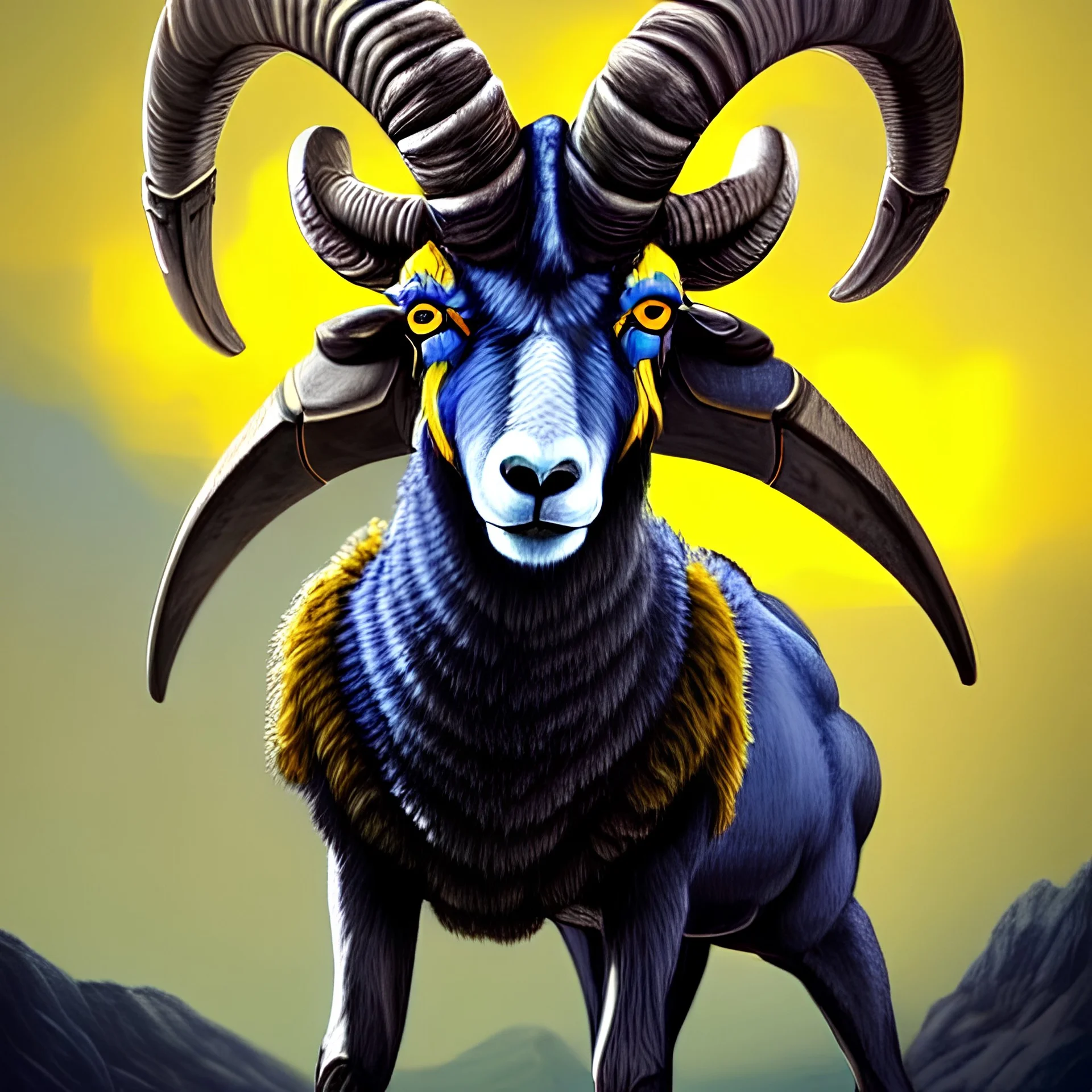 A bighorn sheep ram warrior full blue and yellow body armor with fierce and wild look, highly detailed, digital art, sharp focus, trending on art station, standing on all fours with one hoof on an american football, field of grass, background mountain peaks sunset sky of blue and yellow, design by charlie bowater, ross tran, artgerm, and makoto shinkai, detailed, colors #003594 #FFA300 #FF8200 #FFD100 throughout