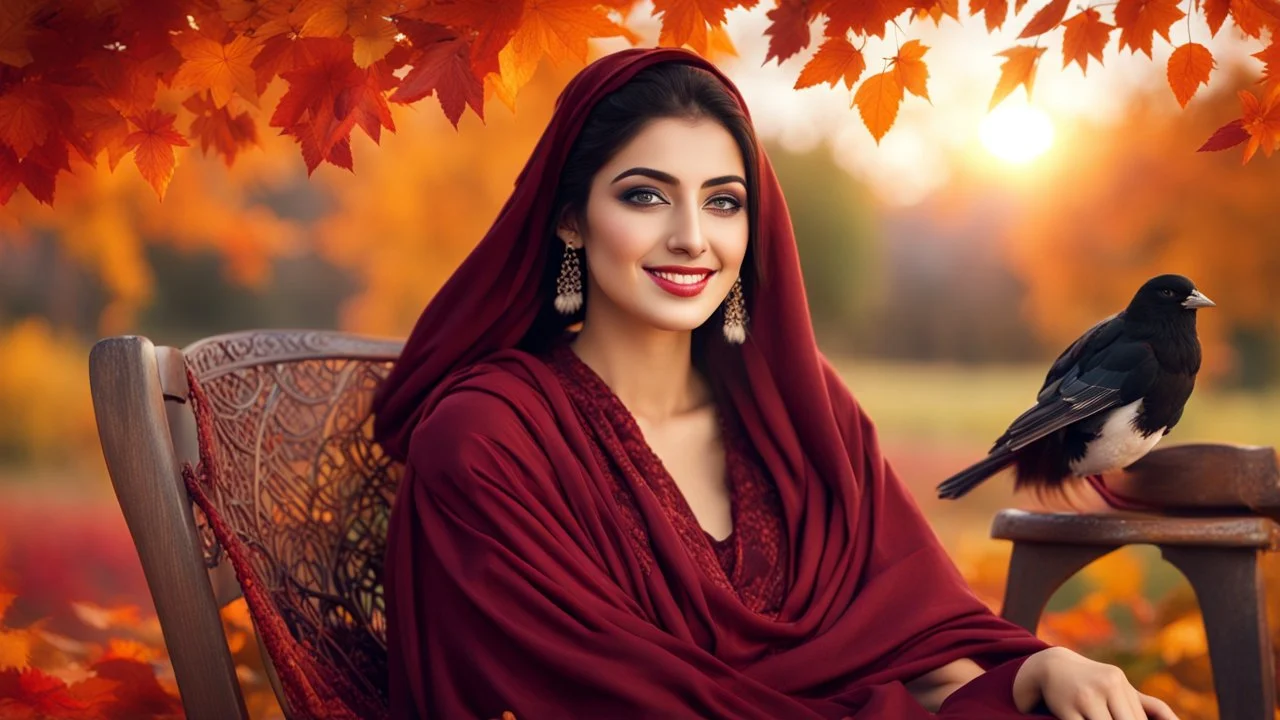 Hyper Realistic Photographic-view of a Young Beautiful Happy Pashto Woman With Beautiful Eyes & Kajal with beautiful lips smiling wearing maroon-dress & covering herself with black-shawl sitting on rocking-chair in an autumn-garden with cloudy-sunset & birds-flying & orange-leaves-whirling showing dramatic & cinematic ambiance