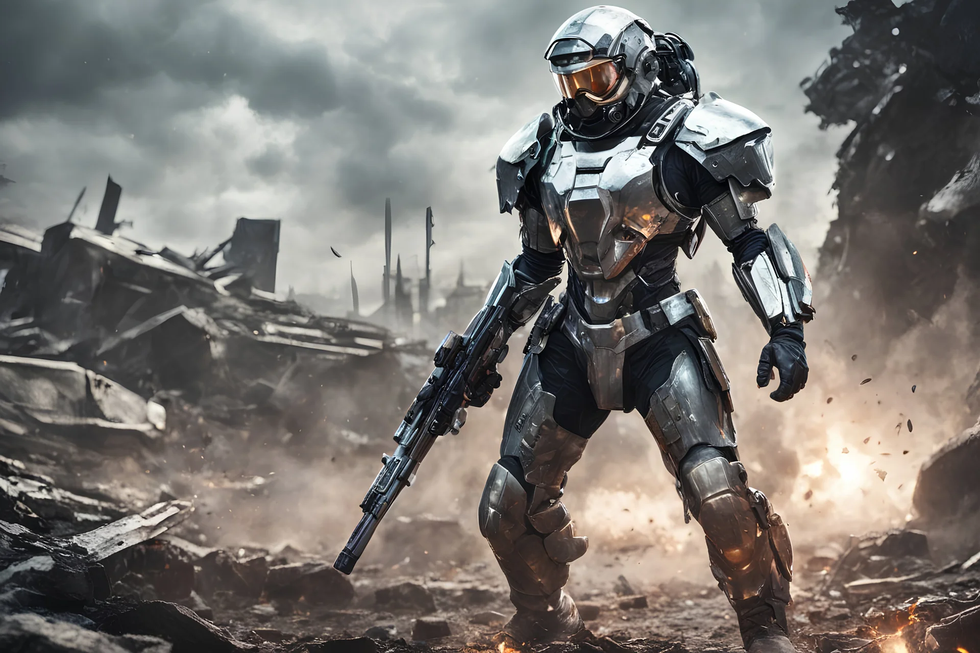 futuristic soldier with metal armor in b...