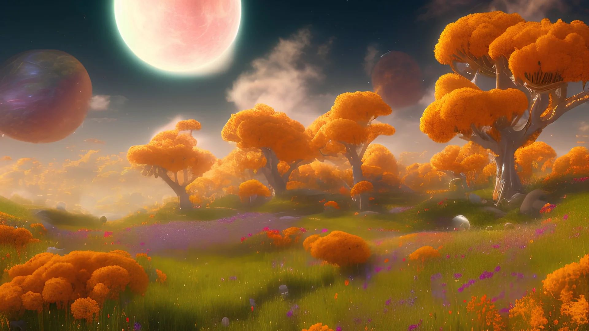 orange and gold crystal cosmic and galactic ambiance hill sky sunny flowers trees futuristic landscape, full of details, smooth, bright sunshine，soft light atmosphere, light effect，vaporwave colorful, concept art, smooth, extremely sharp detail, finely tuned detail, ultra high definition, 8 k, unreal engine 5, ultra sharp focus