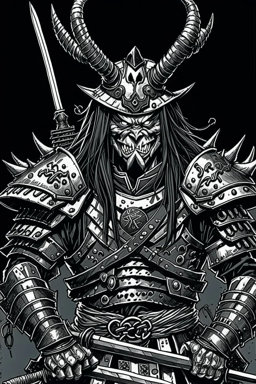 Armoured Samurai with oni mask ,manga, from 1980 dark fantasy, style by Kentaro Miura