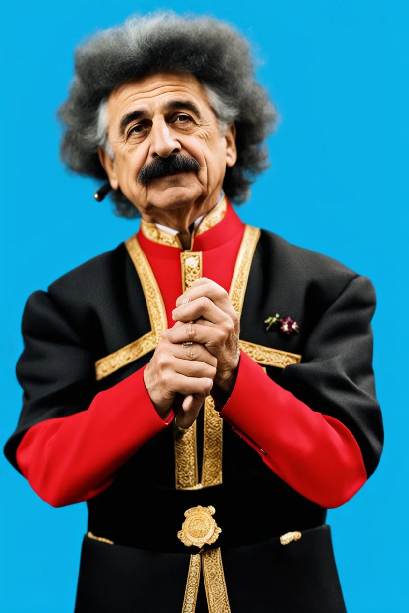 Einstein i n Azerbeyjan traditional costum color full ,upper body ,blury background ,closeup ,sharp focus