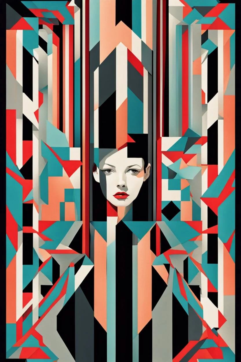 A portrait in a geometric style with hard edges and sharply contrasting colors.