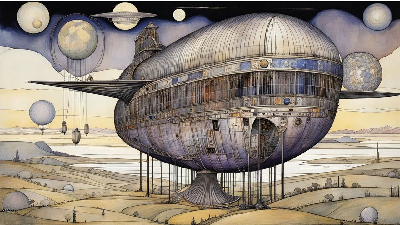 An surreal stunning image by Margaret Macdonald Mackintosh , El Kazovszkij, Abigail Penner, Quentin Blake airship from another world, landscape, ancient ruins, weird moon and planets, lines, and objects, dreamlike, dark fantasy