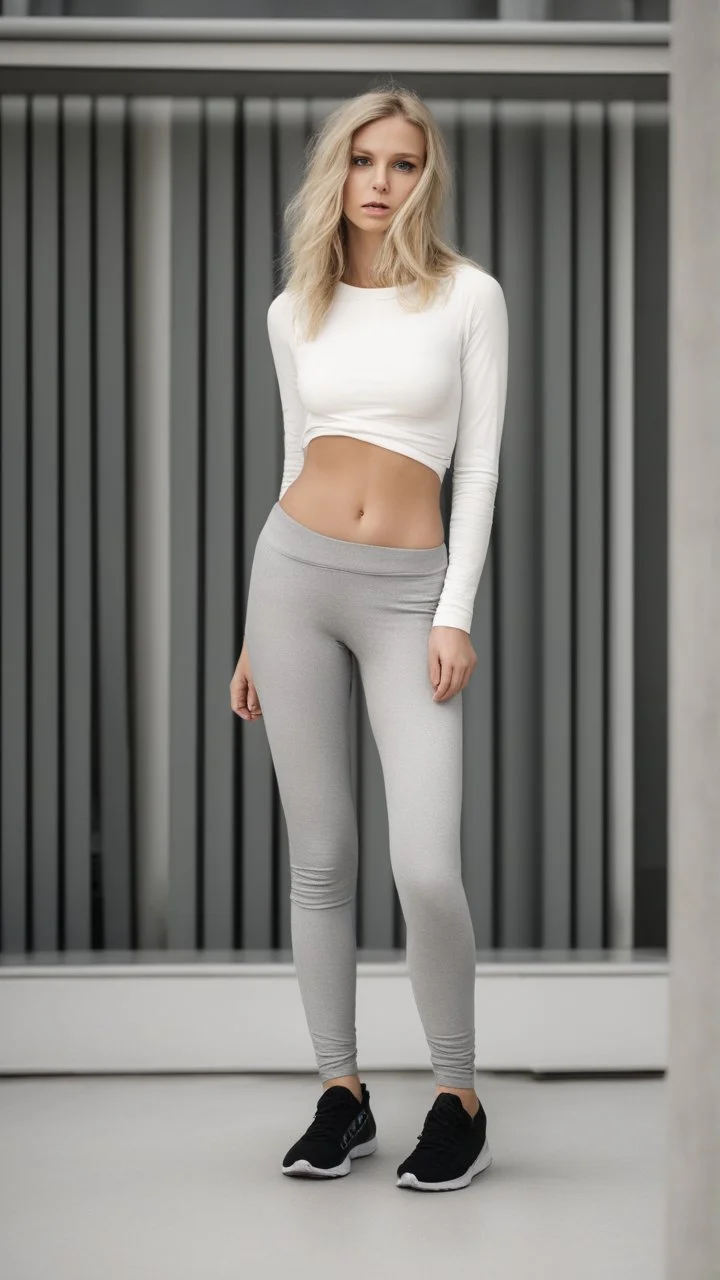 photography of anorexic blond girl, face frontal, body frontal, satin yoga pants, defined abs, standing, leohex, fashion photography, bright daylight, surfer hair, concrete background, raw, grit, open mouth, satin