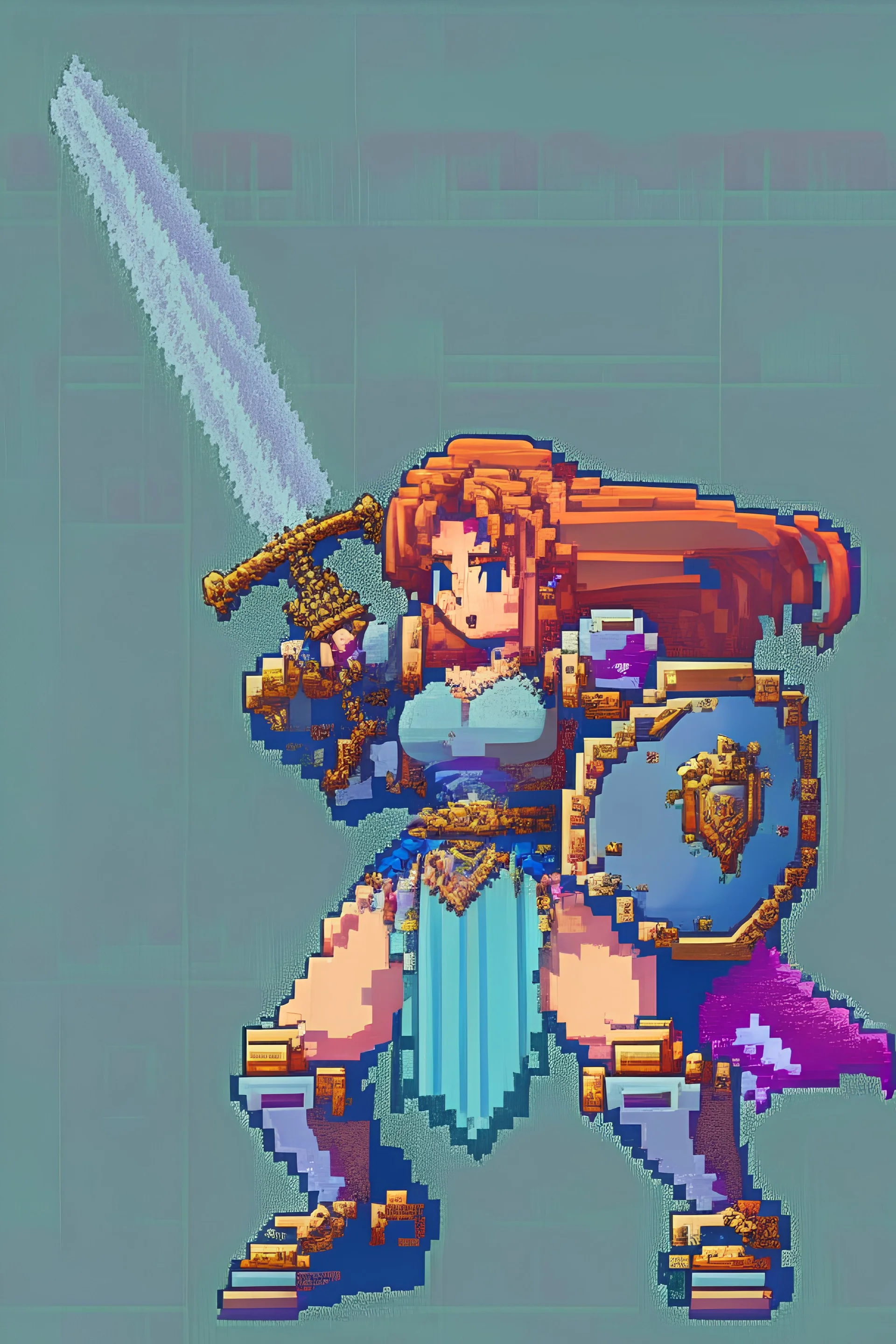 pixel art, 256x256 resolution, anime style rpg character, female paladin swinging an ornate broadsword