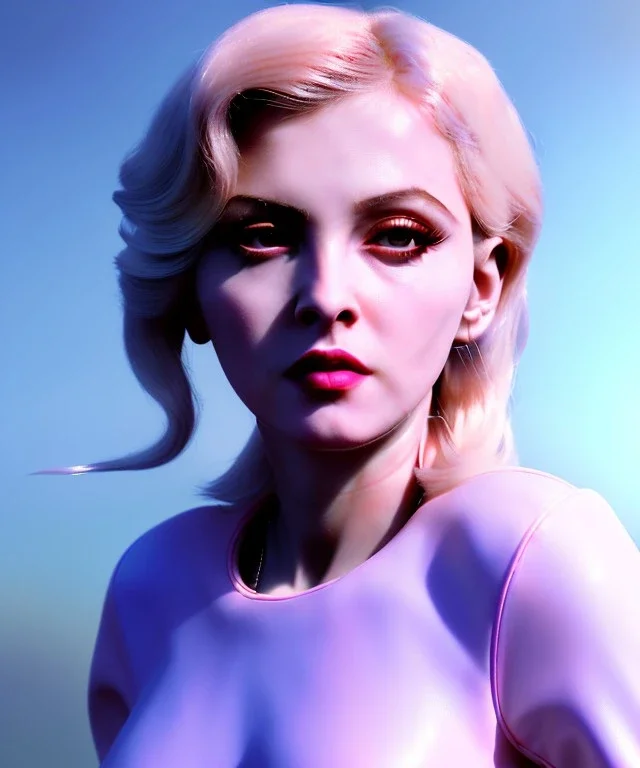 Artist, young madonna, android woman, sweet, blonde, white skin, long eyeliner, contour make-up, short hair, circuits, ghost in the shell, latex coat, feather, cyber punk, neon, bamboo, blood, portrait, studio photo, unreal engine 5, soft color, 16 bit, god lights, ray tracing, RTX, lumen lighting, ultra deatail, volumetric lighting, 3d, finely drawn, hd.