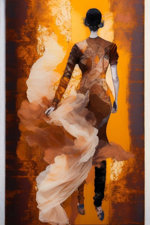 Hand sewn and embroidered double exposure, (((greg rutkowski))), caricature in ochre Polychromatic-Colors. (((intricate))). Stunningly beautiful couple of happy strong women dancing, all the head in the frame elegant soft diffused light intricate 8k oil on canvas sensuality very attractive wallpaper crisp quality whimsical, merged layers battery corrosion, copper patina