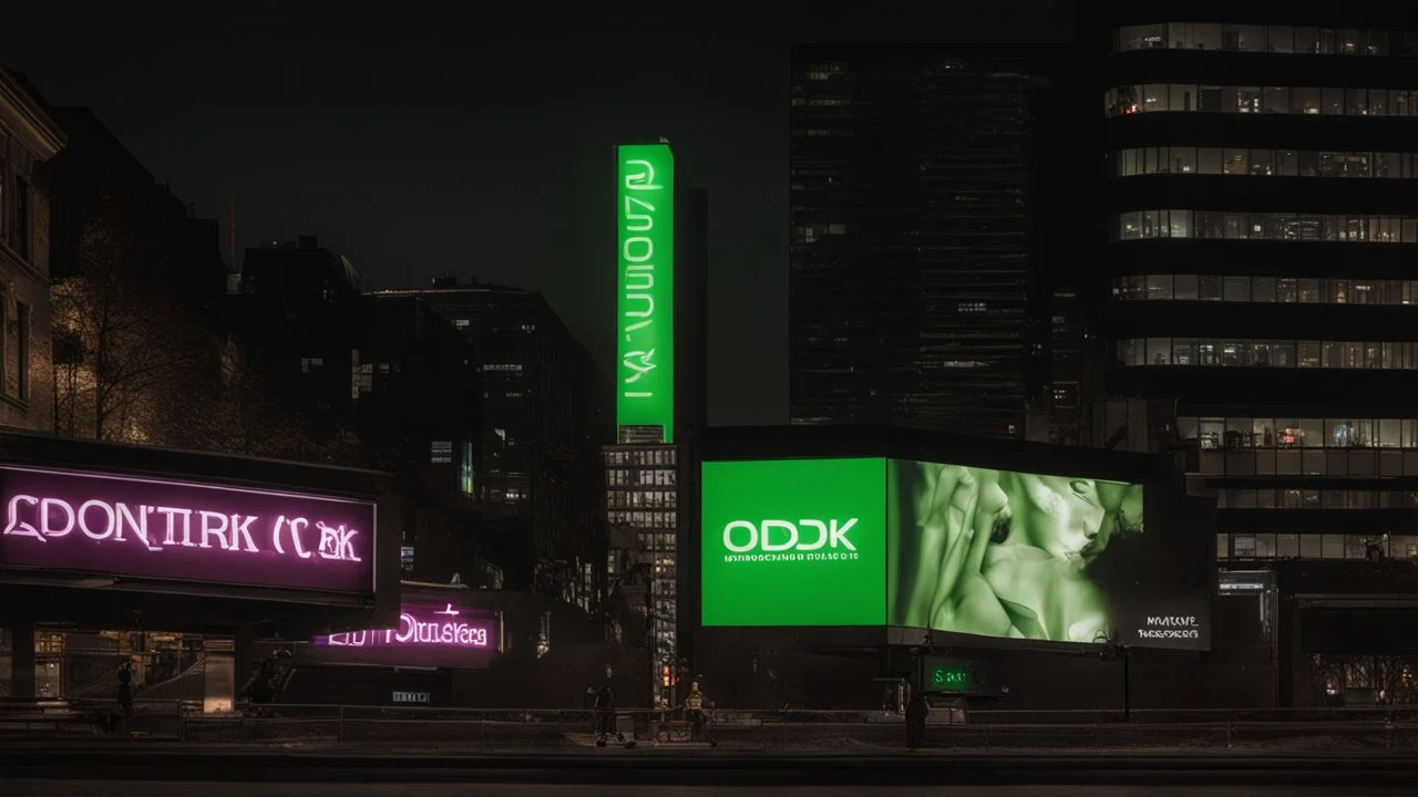 a billboard branded writing ODK , with neon light green and white , in the city center, at night . At Montréal