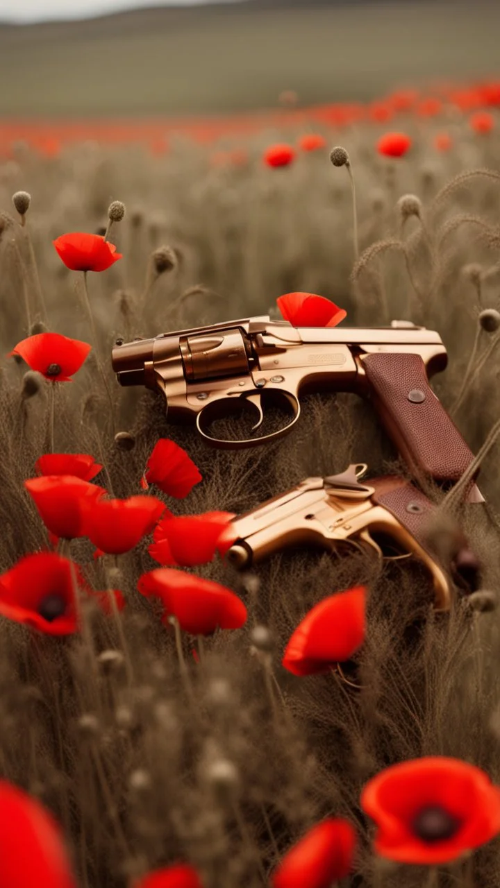 Two gold pistols and a red notebook on a white scarf. A field of red poppies. Close-up from above.cinematic.dark mood