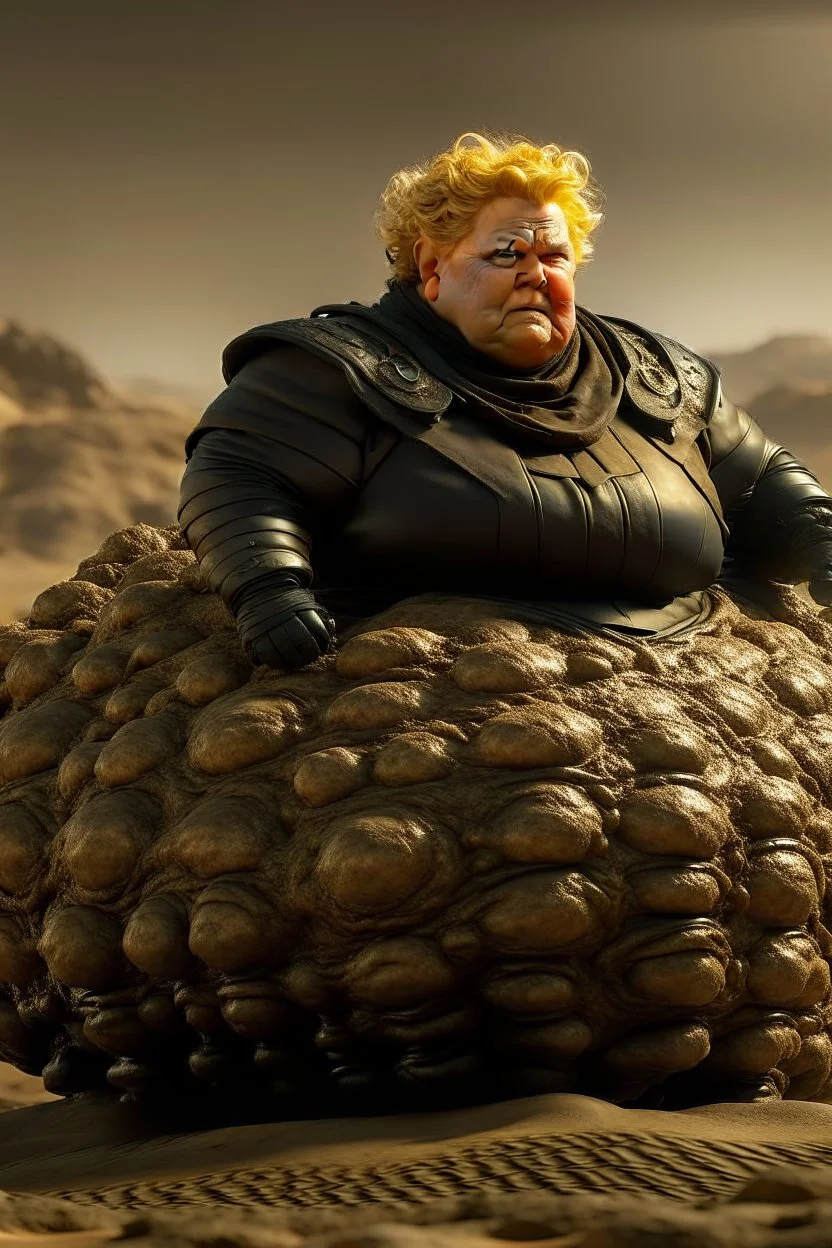 Erna Solberg as fat floating harkonen boss on elvated podium in a rocky desert scene from dune, shot on Hasselblad h6d-400c, zeiss prime lens, bokeh like f/0.8, tilt-shift lens 8k, high detail, smooth render, down-light, unreal engine, prize winning