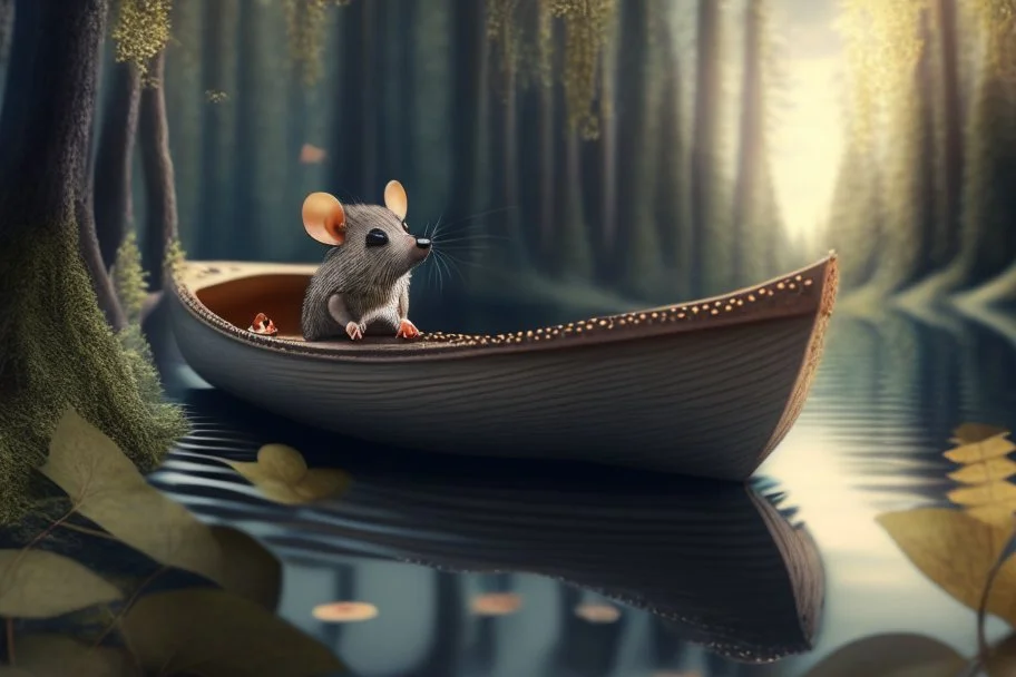 mouse in boat, in forest by lake, book illustration, fine detail, 4k, trending, volumetric light, depth of field