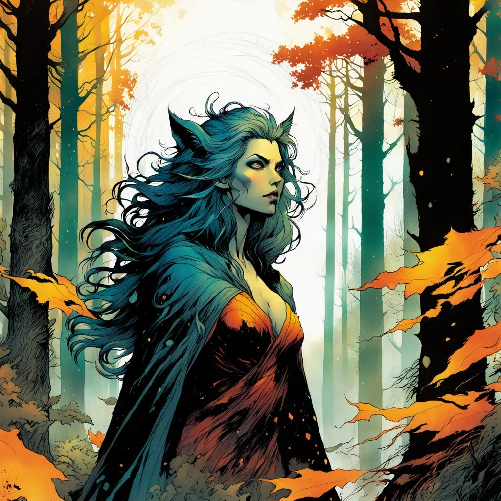 create a wildly conceptual print illustration of a feral wolven sorceress with highly detailed hair and feminine facial features, in an ethereal, otherworldly ,ancient autumn forest , in the comic book art style of Bill Sienkiewicz, Mike Mignola, Sparth, and Jean Giraud Moebius, finely drawn, colored, and inked, suffused with dramatic natural light and shadow of sunset