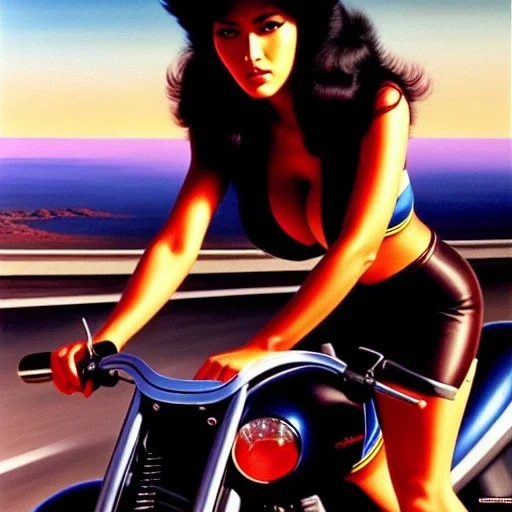 portrait of busty beautiful 'Female Rider on Shotaro Kaneda's Bike',aerial view, painting by Earl Norem, simon Bisley, evan lee, 86-86, oil on canvas, cinematic composition, extreme detail,fit full head inside picture,8k