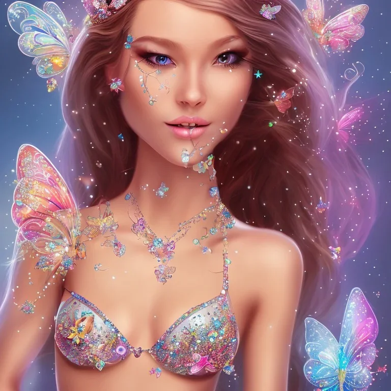  beautiful face princess fairy smiling with sparkle jewel bikini and butterflies in hair