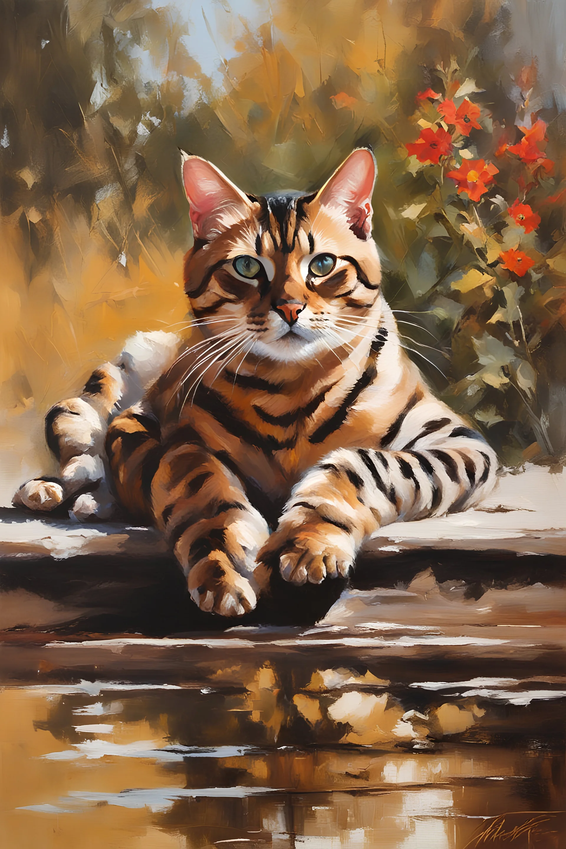 Masterpiece, best quality, Brent Heighton style portret painting of a Bengal cat, painted by Brent Heighton