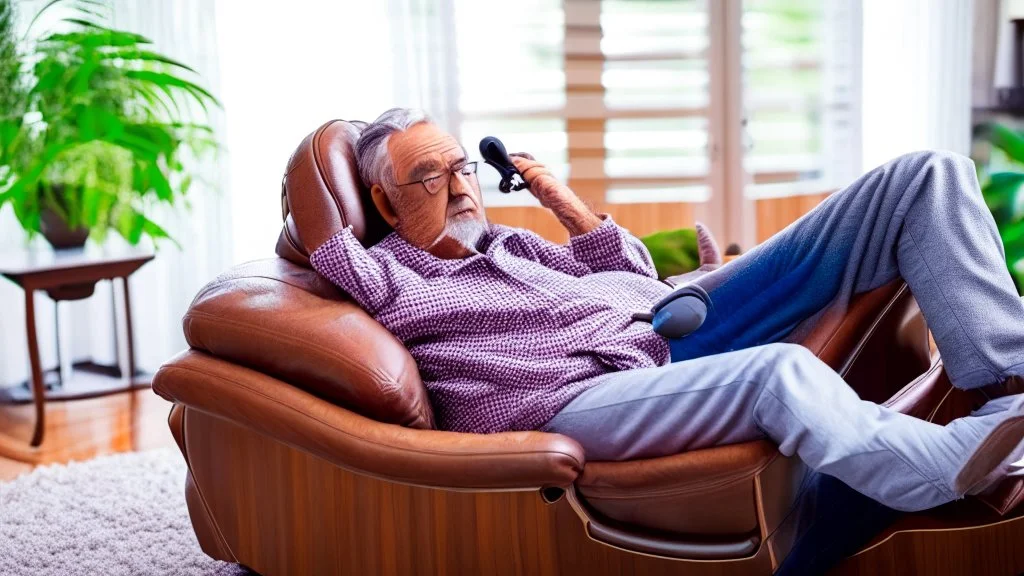 man sitting ALONE in his lazy boy chair at home on the phone confused