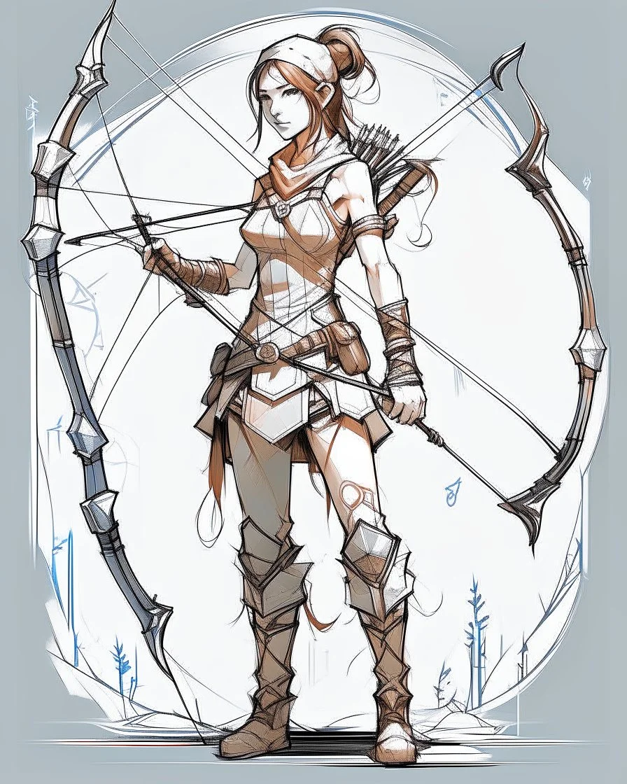 Girl Archer concept art, full body, sketch, coll style, bow
