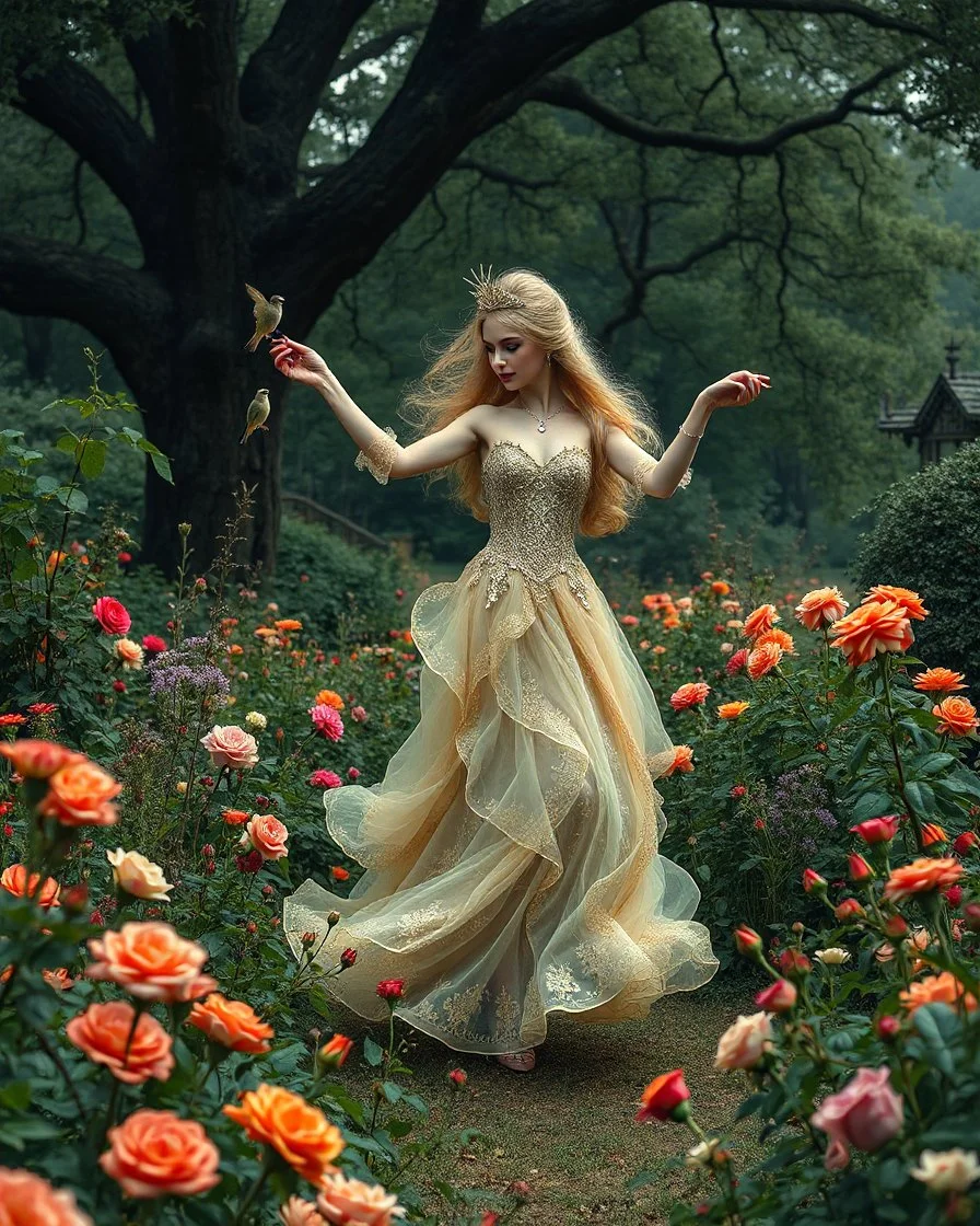 Realistic Photography Beautiful Princess dancing in Wild garden, flower beds, fractal ornamentation, over detailed, gloriously full and confusing, nothing that really exists, everything made up, fantasy world, sweet briar, photography graphic art, song birds, ochre rose, rose buds, dewy morning, forest of oaks,