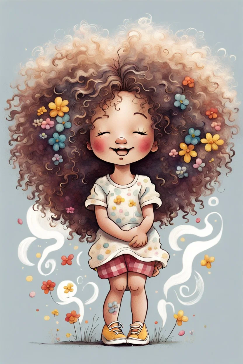 Whimsical stylized illustration of a cute toddler girl with an enormous, chaotic cloud of frizzy curly hair, scribbly hair textures with colorful tiny flowers tucked in, head tilted back with a smug mischievous grin and closed eyes. She is in a dynamic, playful wide-legged stance, leaning low to one side with one hand on her knee. Wearing an oversized white t-shirt and baggy cream pants featuring large, bold retro 70s floral patterns in blue, red, and yellow. BING