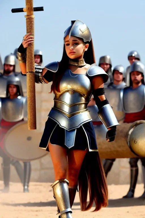 ariana grande in greek armor at the fall of the city of Troy trebuchet high quality