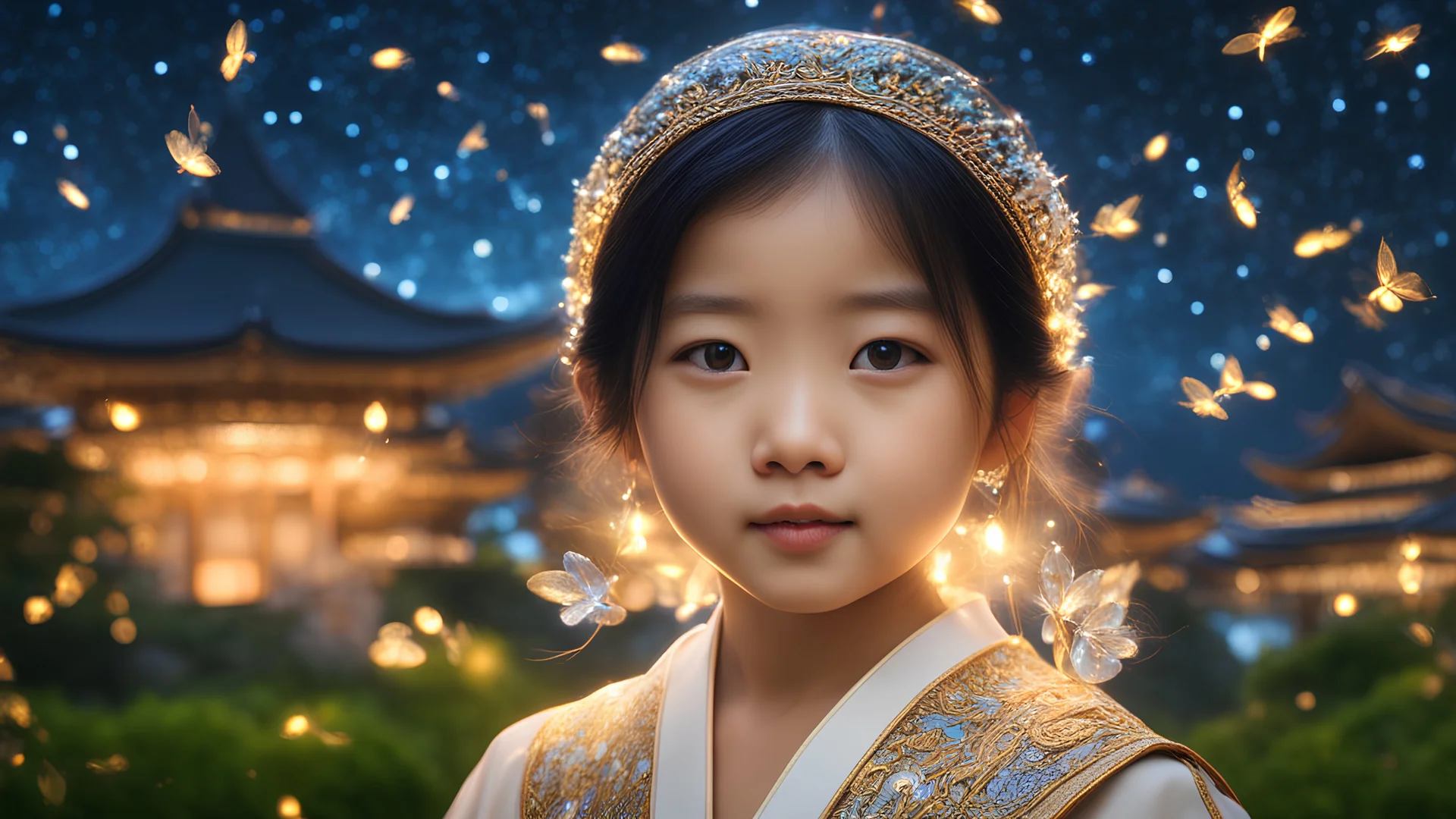 little very young Singaporean girl, beautiful, peaceful, gentle, confident, calm, wise, happy, facing camera, head and shoulders, traditional Singaporean costume, perfect eyes, exquisite composition, night scene, fireflies, stars, Singaporean landscape, beautiful intricate insanely detailed octane render, 8k artistic photography, photorealistic concept art, soft natural volumetric cinematic perfect light, chiaroscuro, award-winning photograph, masterpiece, Raphael, Bouguereau, Alma-Tadema