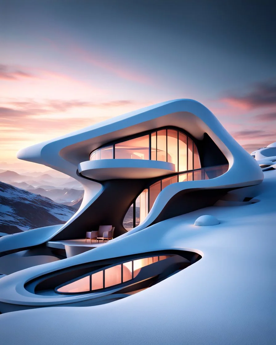 casa pequeña en una pendiente, ciencia ficción, estilo Zaha Hadid, calidad ultra, arte digital 3D, 8k