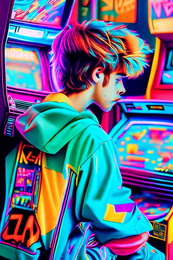 a millineal teenage boy is playing video arcade games, bright colored clothes from the 90s, hairstyles of that time