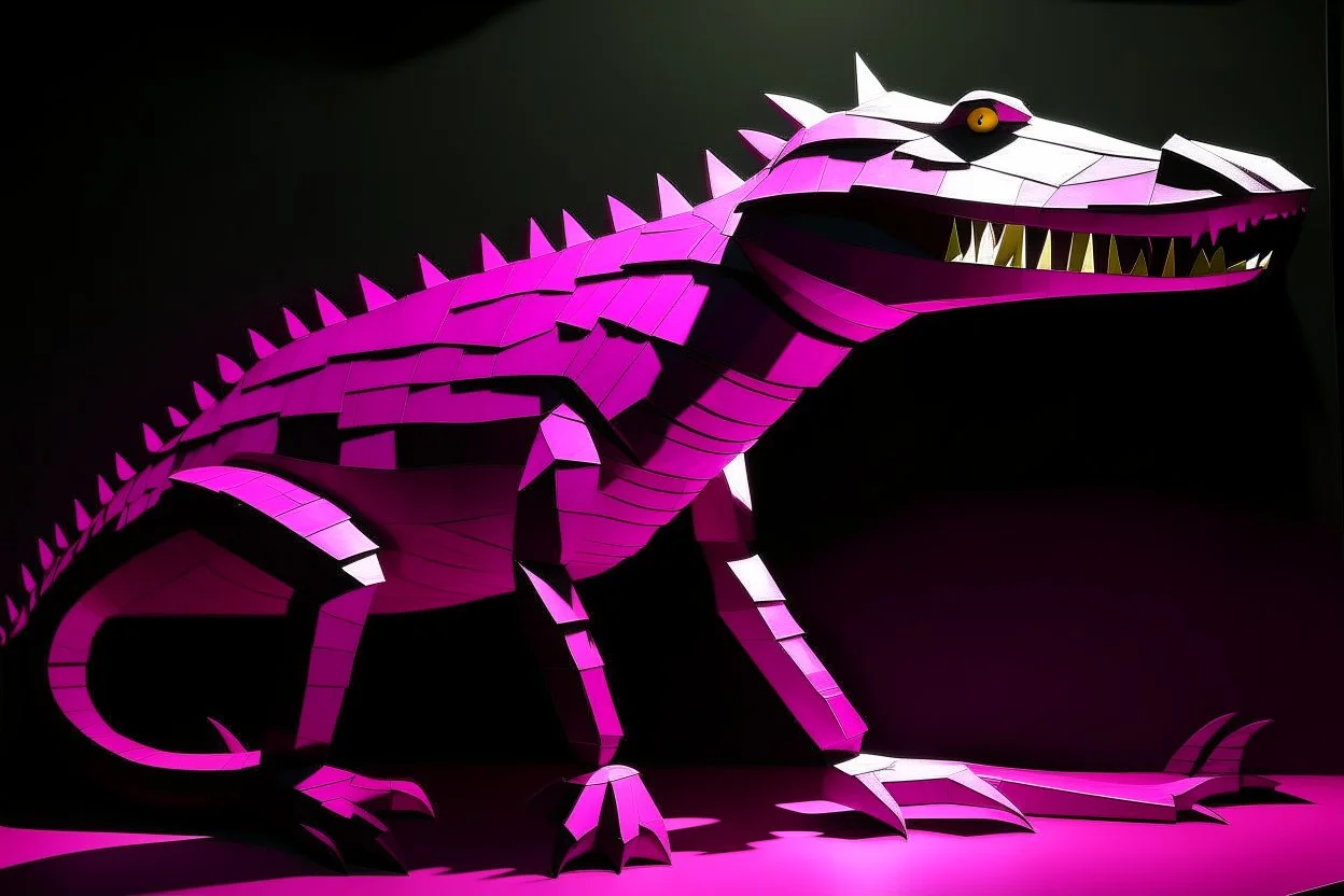 A dark magenta shadow elemental alligator designed in Chinese paper art painted by Lyonel Charles Feininger