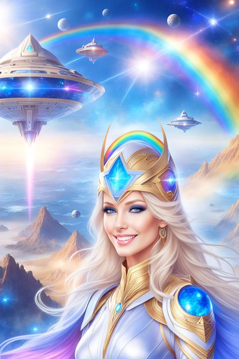 cosmic woman smile, admiral from the future, one fine whole face, crystalline skin, expressive blue eyes,rainbow, smiling lips, very nice smile, costume pleiadian, Beautiful tall woman pleiadian Galactic commander, ship, perfect datailed golden galactic suit, high rank, long blond hair, hand whit five perfect detailed finger, amazing big blue eyes, smilling mouth, high drfinition lips, cosmic happiness, bright colors, blue, pink, gold, jewels, realist, high,rainbow commander