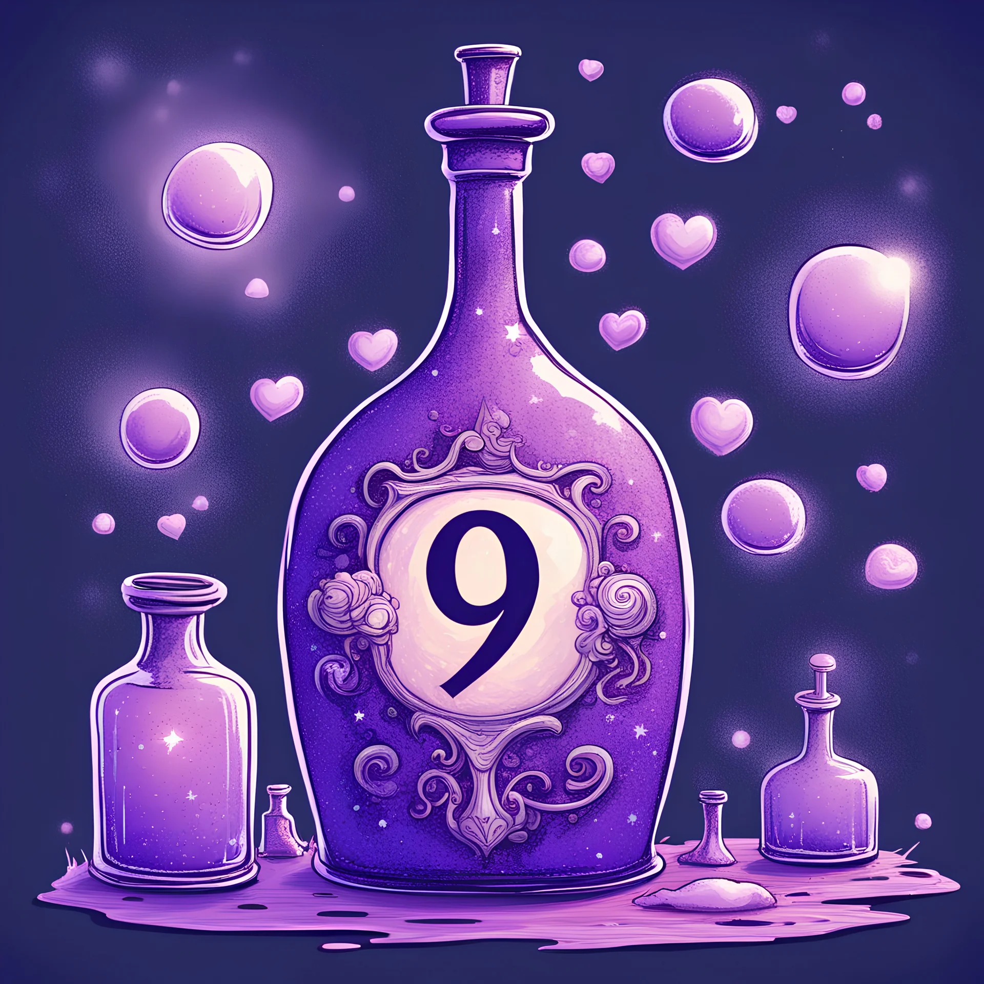 Cartoon illustration of love potion number 9 bottle sparkling, enchanted, fantasy illustration, highly detailed vintage story art style, purple tones, exaggerated, surreal