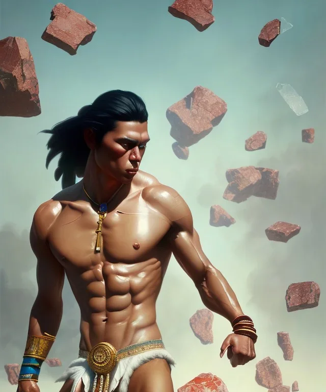 native american warrior, long black hair, standing on shattered glass, big muscles, loincloth, shirtless, 8k resolution concept art portrait by Greg Rutkowski